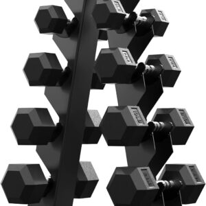 PAPABABE Dumbbell Set with Rack, Rubber Encased Hex Dumbbell Free Weights Dumbbells Set with Storage Rack, Home Weight Set
