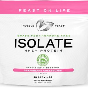 Muscle Feast Grass-Fed Whey Protein Isolate, All Natural Hormone Free Pasture Raised, Whey Isolate Protein Powder for Men and Women, Gluten-Free, Delicious Isolate Protein – Strawberry Cheesecake, 2lb