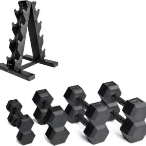CAP Barbell Rubber Coated Dumbbell Weight Set with Vertical Rack | 100 lb, 150 lb, and 210 lb Options