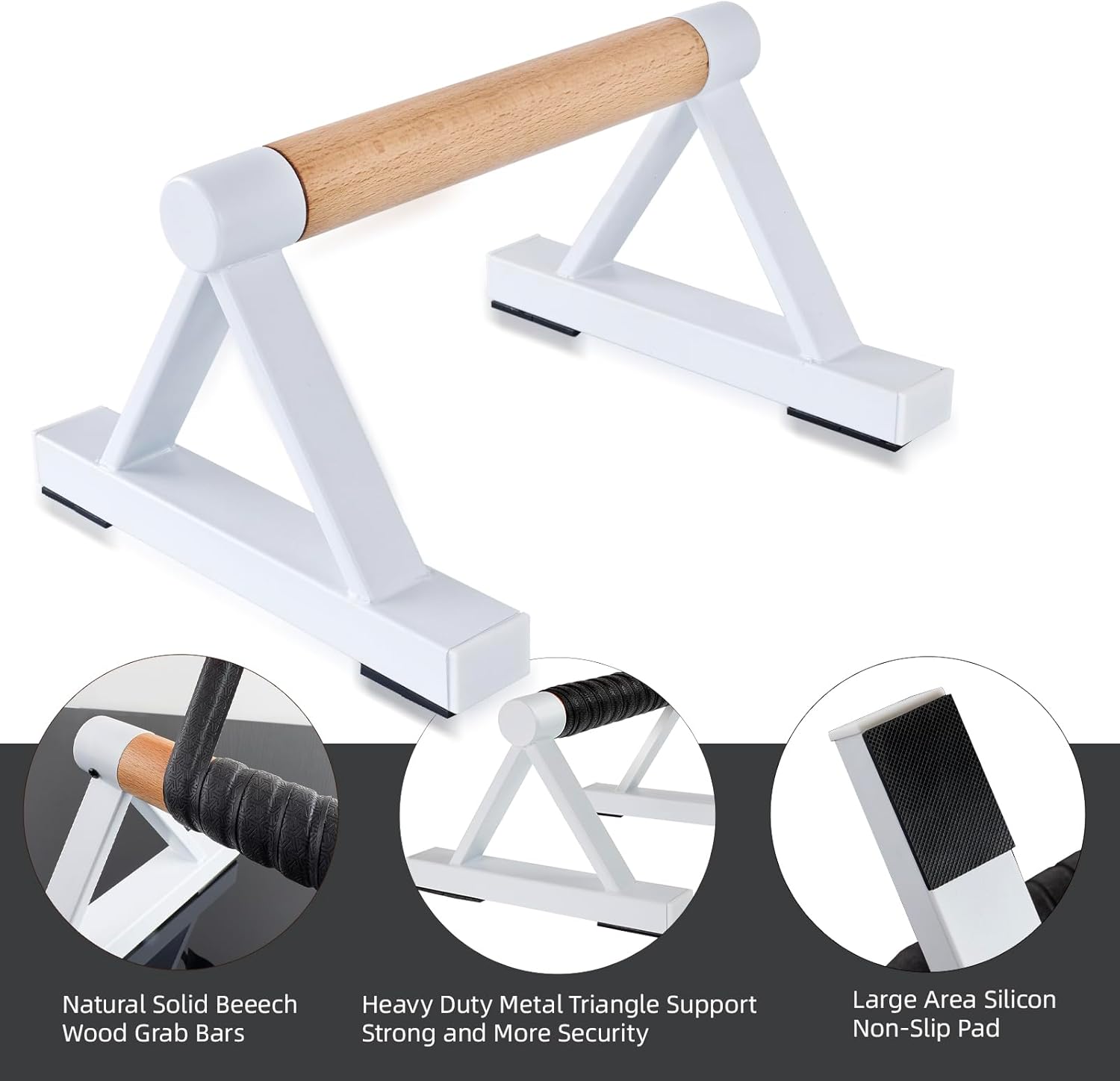 1 Pair Wooden Parallettes Push Up Bars for Men, Strength Training Pushup Stands Handles for Home Calisthenics, Fitness, Floor Workouts Solid Wood with White Metal Bracket - Support 500 lbs - Image 3