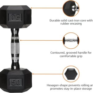 6-10 Pair Iron and Rubber Dumbbell Set 350/450 and 550 lbs 5-50 lbs Hand Free Weight for Strength Hex Coated Weights with Vertical Storage Rack Home Gym 5-50 lb – Black