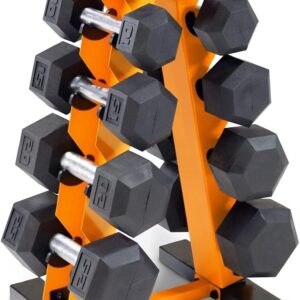WF Athletic Supply 5-25Lb Rubber Coated Hex Dumbbell Set with A Frame Storage Rack Non-Slip Hex Shape for Muscle Toning, Strength Building & Weight Loss – Multiple Choices Available