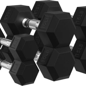 Signature Fitness Rubber Coated Hex Dumbbell Weight Set with Rack, Weight Sets for Home Workout 100LB Set, 150LB Set and 200LB Set Options