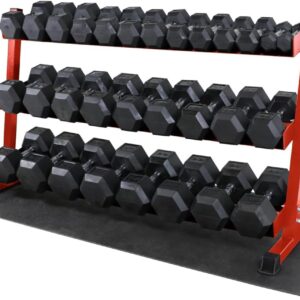 WF Athletic Supply Rubber Coated Hex Dumbbell Set, Multiple Choices Available – Dumbbells with Rack Stand and Mat, or Dumbbells Only (200/550/1200/2100/3000 LB)