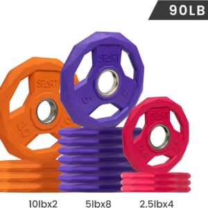 SPART Color Coded Weight Plate 2-Inch Rubber Coated Olympic Grip Plate for Barbell, Solid Cast Iron Weight Plates for Strength Training, Weightlifting, Crossfit, Home Gym, 2.5LB/5LB/10LB/25LB/35LB/45LB, Pair