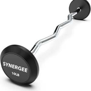 Synergee Fixed Easy Curl Bar Pre Weighted Curved Steel Bar with Rubber Weights – Fixed Weight