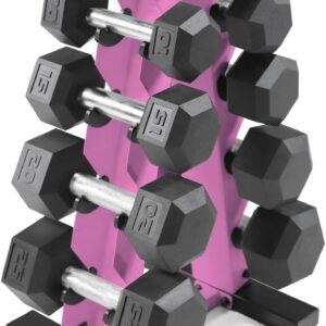 WF Athletic Supply 5-25Lb Rubber Coated Black Handle Hex Dumbbell Set with A Frame Storage Rack Non-Slip Hex Shape for Muscle Toning, Straight Handle, Pink Rack