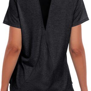 Women’s Long Workout Tops,Short Sleeve Dry-Fit Mesh Open Back Loose Fit Gym Athletic Running Shirts Exercise Tee