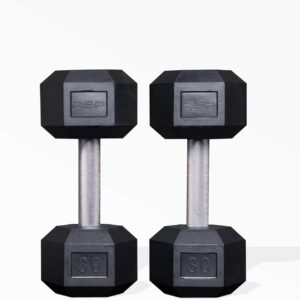 Rep Fitness Rubber Hex Dumbbell(s) – Singles (55LB +) and Pairs (5LB – 50LB) – Low Odor, Fully Knurled Handle