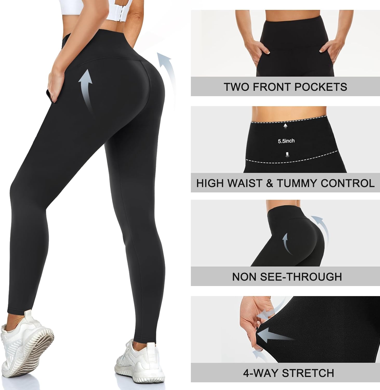 MOREFEEL Leggings with Pockets for Women, High Waisted Tummy Control Workout Hip Lift Yoga Pants Activewear - Image 2