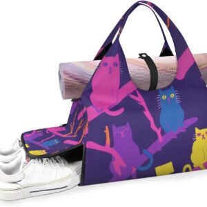 Yoga Gym Bag for Women, Cute Cat Gym Bag with Yoga Mat Holder, Purple Duffel Bag, Sport Bag with Shoe Compartment and Wet Dry Storage Pockets, Suitable for Gym, Travel, Pilates and Beach