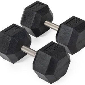 Titan Fitness 75 LB Pair Free Weights, Black Rubber Coated Hex Dumbbell, Straight Stainless Steel Handle, Strength Training, Full Body Workout