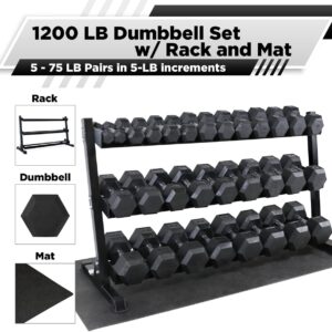 WF Athletic Supply Rubber Coated Hex Dumbbell Set, Multiple Choices Available – Dumbbells with Rack Stand and Mat, or Dumbbells Only (200/550/1200/2100/3000 LB)