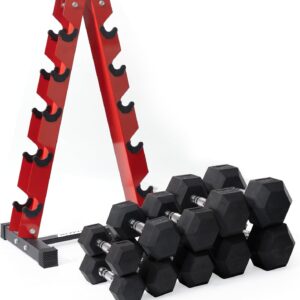 RitFit 60/250/300/350/650LBS Rubber Coated Hex Dumbbell Weight Set with Rack and Adjustable Weight Bench with Multiple Back Positions for Home Gym, Strength Training, Workouts