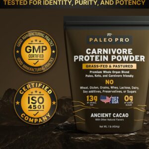 PaleoPro Carnivore Complete (Ancient Cacao) Pastured & Cage-Free Protein, Grass-Fed Beef Tallow, Beef Organs | No Sugar, Soy, Grains or Net Carbs | Gluten Free. Paleo & Keto Macros (15 Servings)