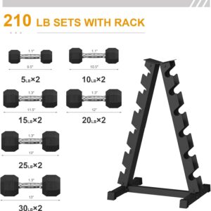 Hex Dumbbell Sets with Rack, 210LB (5-30Lb, 6 Pairs) Rubber Coated Dumbbell Weight Set and Storage Rack,Multiple Sizes Exercise & Fitness Dumbbells for Muscle Toning, Strength Building & Full Body Workout