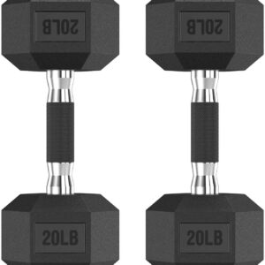 Hex Rubber Dumbbells – Enhanced Grip for Secure & Ergonomic Hold – Ideal for Strength Training and Home Gym Workouts, 20 LB Pair