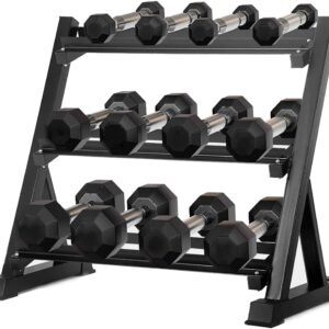 6-10 Pair Iron and Rubber Dumbbell Set 350/450 and 550 lbs 5-50 lbs Hand Free Weight for Strength Hex Coated Weights with Vertical Storage Rack Home Gym 5-50 lb – Black