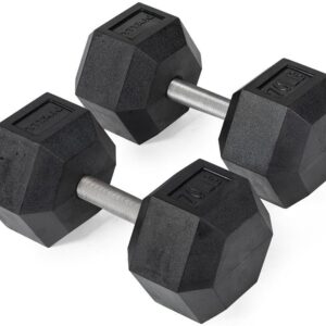 Titan Fitness 70 LB Pair Free Weights, Black Rubber Coated Hex Dumbbell, Straight Stainless Steel Handle, Strength Training, Full Body Workout
