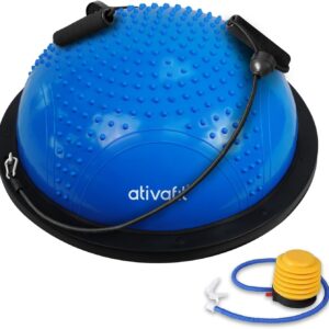 ATIVAFIT Half Exercise Ball with Massage Granules, resistance Bands Balance Ball Balance Trainer for Home Gym Full Body Workouts Half Ball Balance Trainer For Men Women (Black)