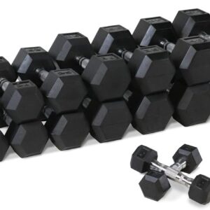 WF Athletic Supply Rubber Coated Hex Dumbbell Set, Multiple Choices Available – Dumbbells with Rack Stand and Mat, or Dumbbells Only (200/550/1200/2100/3000 LB)