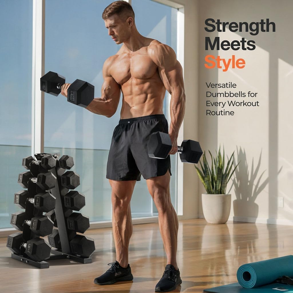Weights Dumbbells Set with Rack - 150 lb Rubber-Coated Dumbbells for Easy Grip | Durable Carbon for Strength Training | Essential Workout Equipment for All Fitness Levels - Image 3