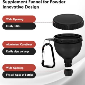 2Pack Portable Protein Powder Travel Container to Go, Protein Powder Funnel with Carabiner & Reinforced Caps, Water Bottle Container for Powders Mixes, PreWorkout/Supplement Funnels (50ml_Black)