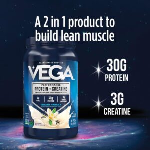 Vega Protein + Creatine – 30g Plant-Based Protein, Chocolate, 20 Servings, 3g Creatine, 5g BCAAs, Vegan, Keto, Gluten Free, Dairy Free, Low Carb, for Muscle Growth & Repair, Drink Mix, 36oz