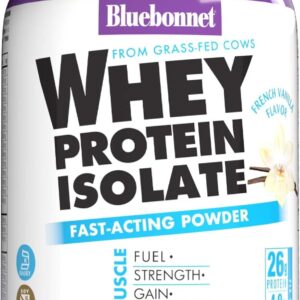 Bluebonnet Grass Fed Whey Protein Isolate 26 g Energy & Workout Recovery BCAA Amino Acids – Gluten-Free, Non-GMO, Soy-Free Vanilla Protein Powder for Women & Men – 14 Servings