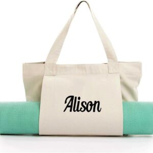 Personalized Yoga Mat Bag for Women – Large Canvas Tote with Carrier Pocket for Gym, Travel, Pilates & Beach – Customizable Embroidery Name Gift