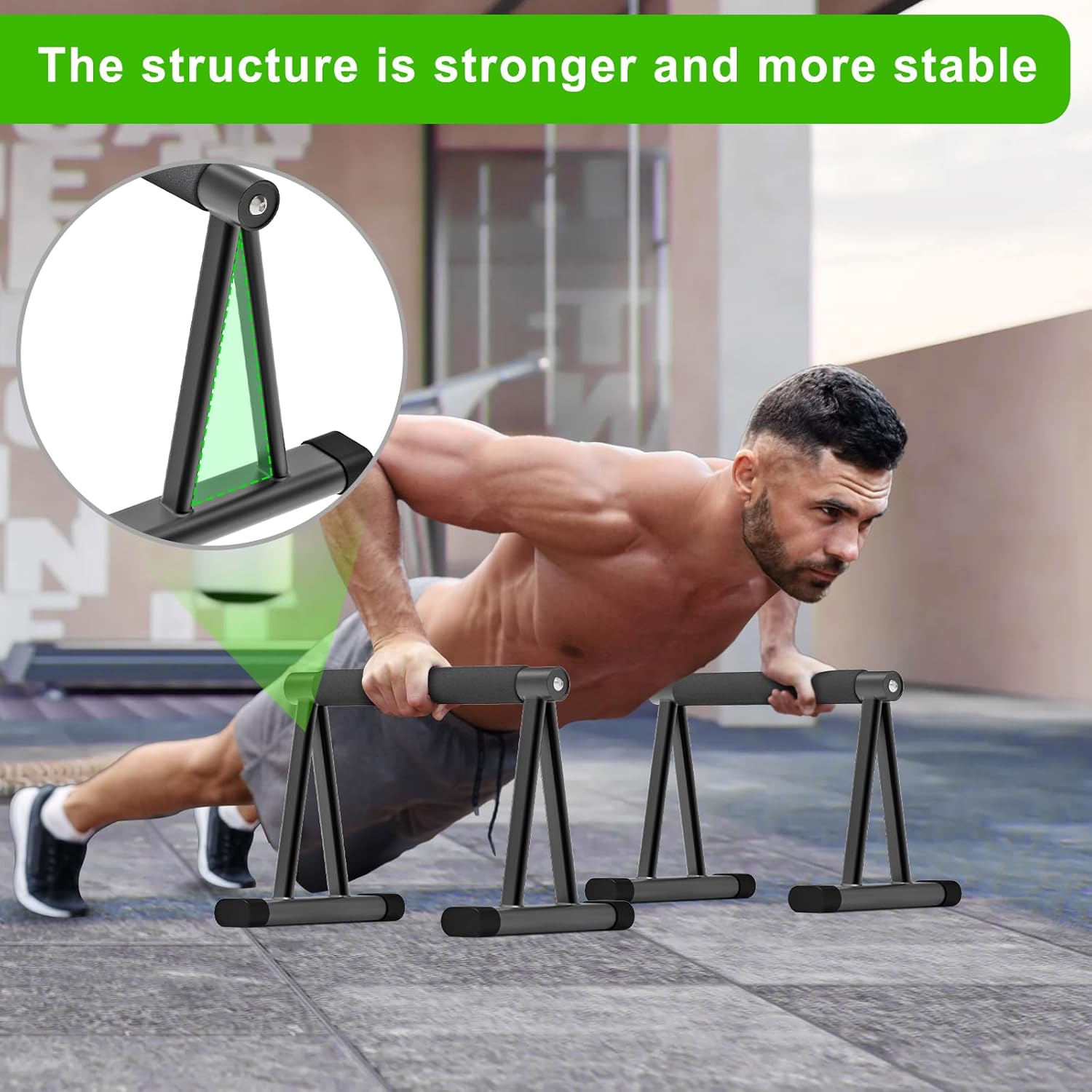 Dolibest Push Up Bar, 12'' High Parallettes Bars with 8 Rubber Feet & Comfortable Handle, Dip Bars with Stable Triangle Base for Calisthenics, Handstand, Gym & Home Exercise, Easy Assembly (600LB) - Image 2