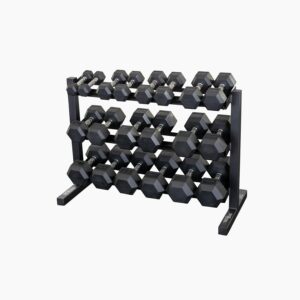 Body Solid Best Fitness (BFDR10-SET) 3-Tier Dumbbell Rack Set with 10 Pairs Rubber Coat Dumbbells 5-50 lbs and Vinyl Floor Mat, Rack Stand and Holder for Dumbbells, Home Gym Free Weight Rack Storage