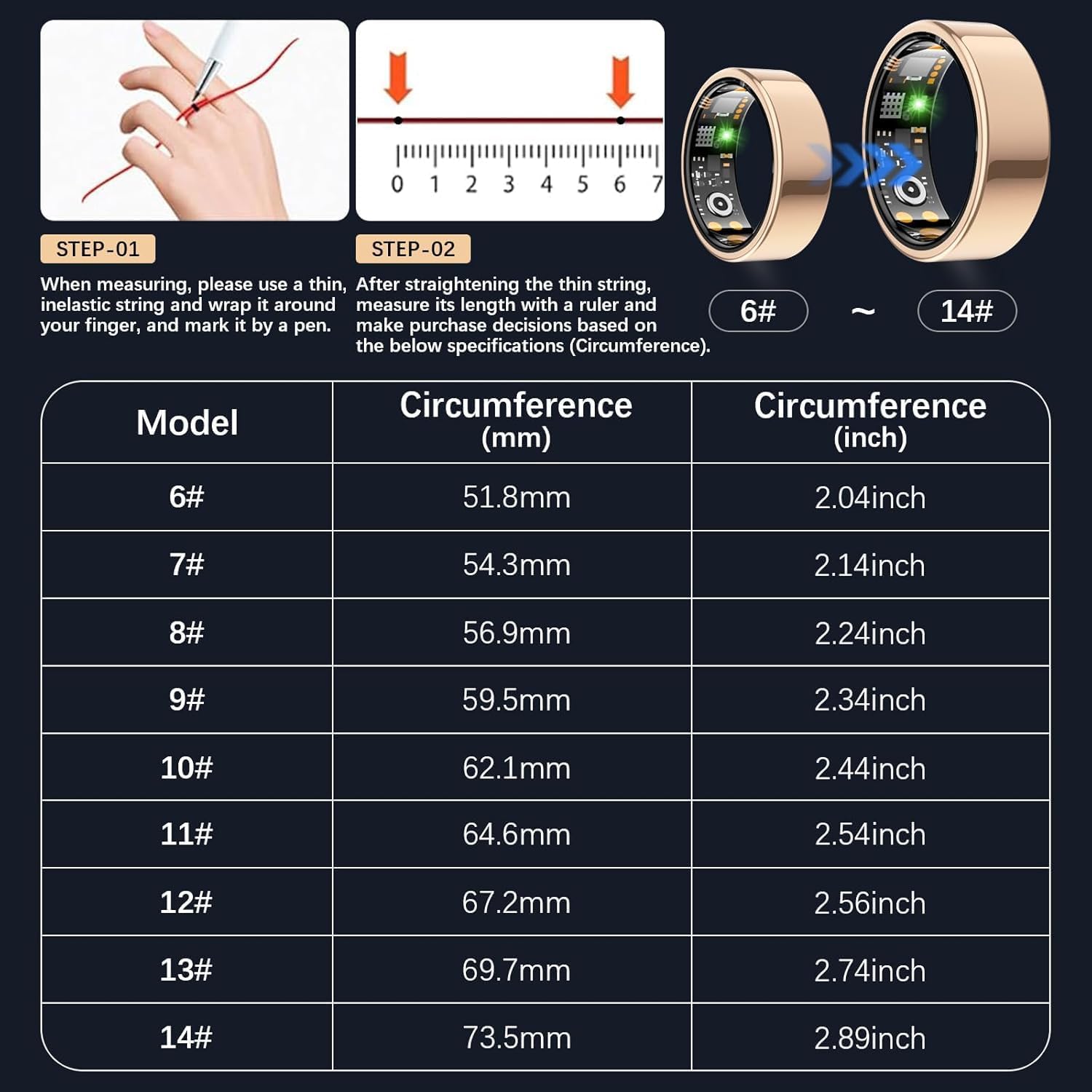Ring Health Tracker for Women Men, Fit Ring with Heart Rate, Blood Oxygen, Sleep Monitor, Calories, Step Counter, IP68 Waterproof Smart Ring for iPhone & Android, No Subscription Fee (Rose Gold, 10#) - Image 2