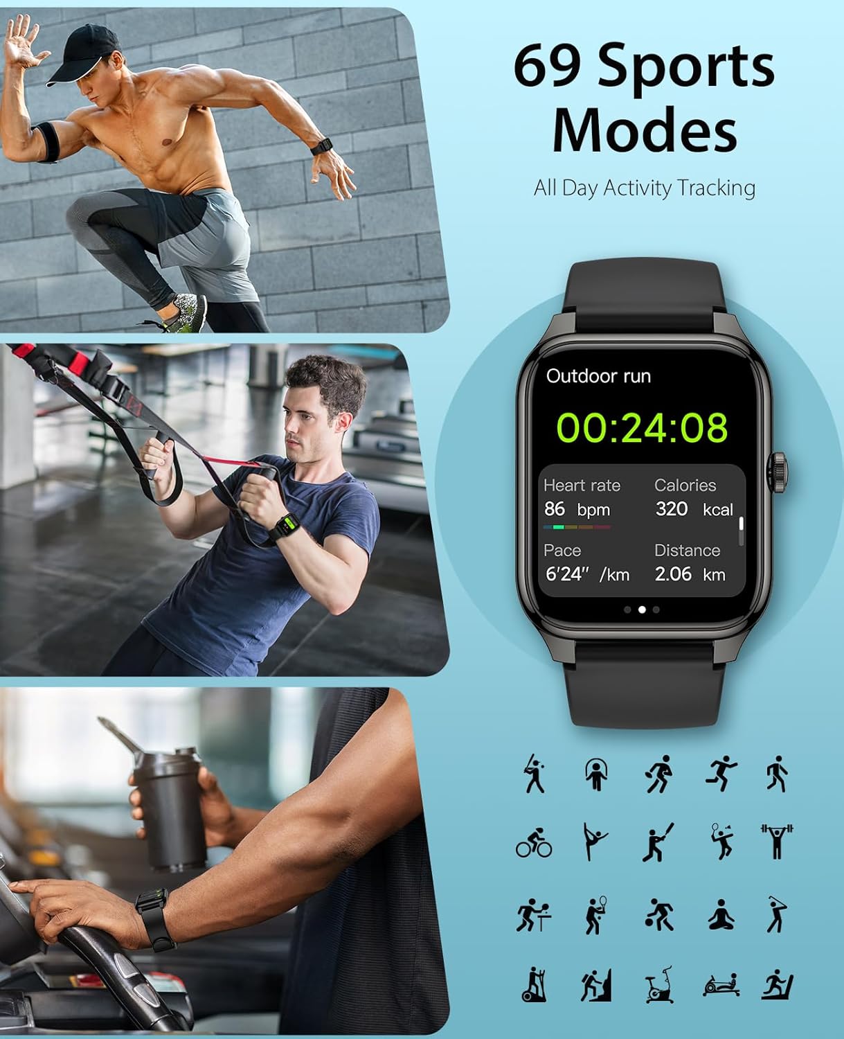 EGQINR Smart Watch, 1.78" AMOLED 368 * 448 HD Screen, 69 Sports Modes Fitness Tracker with Heart Rate, Blood Oxygen, Sleep, IP68 Waterproof Smartwatch with Bluetooth Call for Android iOS - Image 5