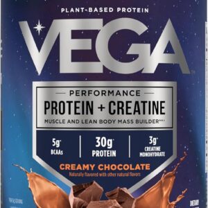 Vega Protein + Creatine – 30g Plant-Based Protein, Chocolate, 20 Servings, 3g Creatine, 5g BCAAs, Vegan, Keto, Gluten Free, Dairy Free, Low Carb, for Muscle Growth & Repair, Drink Mix, 36oz