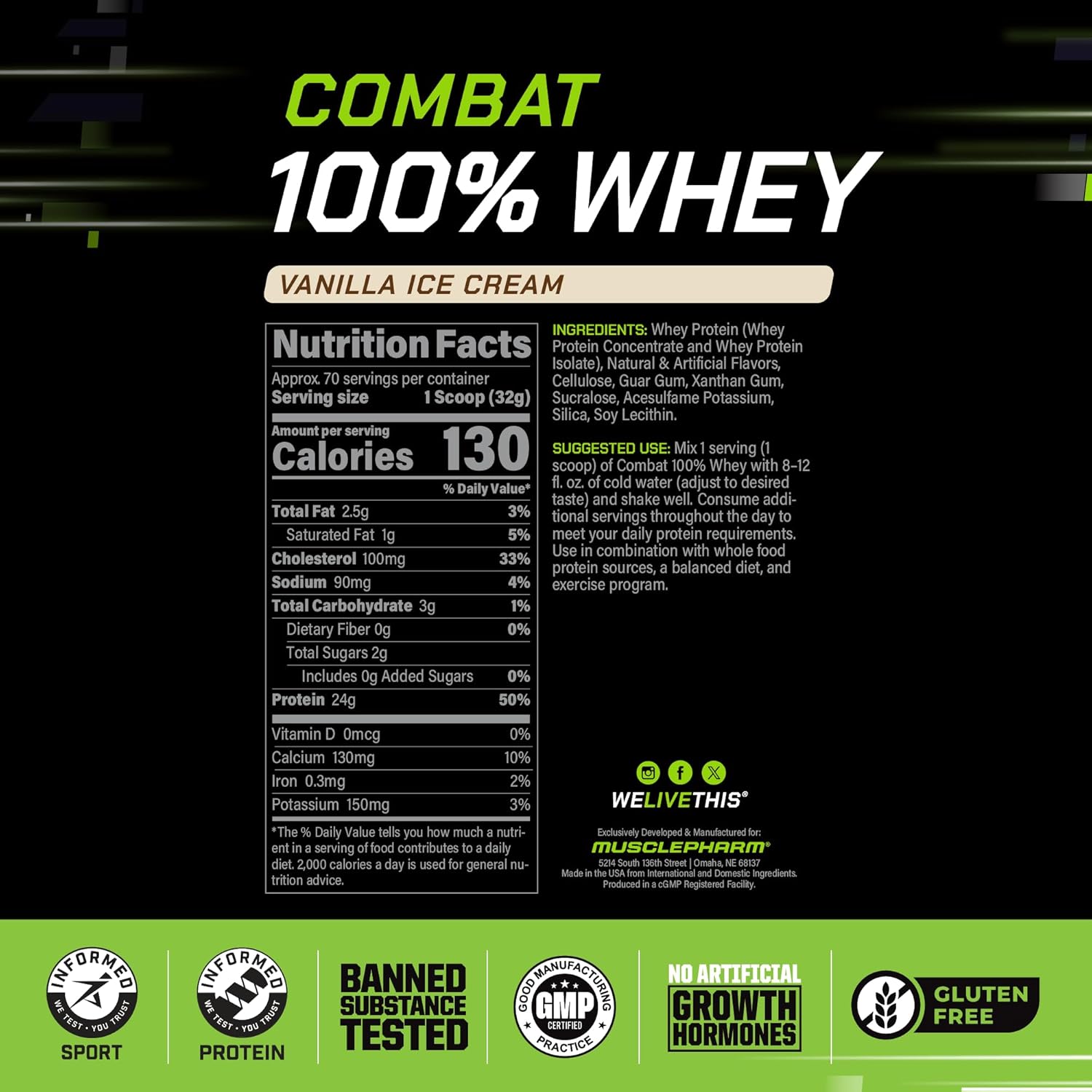 MusclePharm Combat 100% Whey Protein Powder, Vanilla Flavor, Fast Recovery & Muscle Gain with Whey Protein Isolate, High Protein Powder for Women & Men, Gluten Free, 5 lb, 70 Servings - Image 3