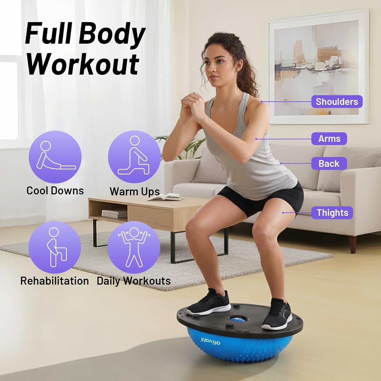 ATIVAFIT Half Exercise Ball with Massage Granules, resistance Bands Balance Ball Balance Trainer for Home Gym Full Body Workouts Half Ball Balance Trainer For Men Women (Black) - Image 4
