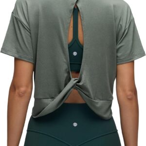 CRZ YOGA Open Back Short Sleeve Crop Top for Women Loose Athletic Yoga Workout Shirts Casual Cropped T-Shirts