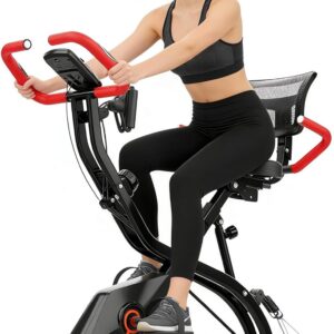 Foldable Exercise Bike for Home, Uright and Recumbent Stationary Bike with Ergonomic Mesh Backrest, Indoor Full Body Quiet Workout Bike, Wide Seat 6.6 Pound Flywheel & 300 LBS Capacity Red