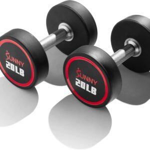 Sunny Health & Fitness Premium Polyurethane Commercial Grade Round Dumbbells with Diamond Knurled Handle, Durable Strength Training Equipment for Home Gym, 5-50LB