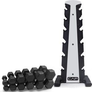 CAP Barbell Rubber Coated Dumbbell Weight Set with Vertical Rack | 100 lb, 150 lb, and 210 lb Options