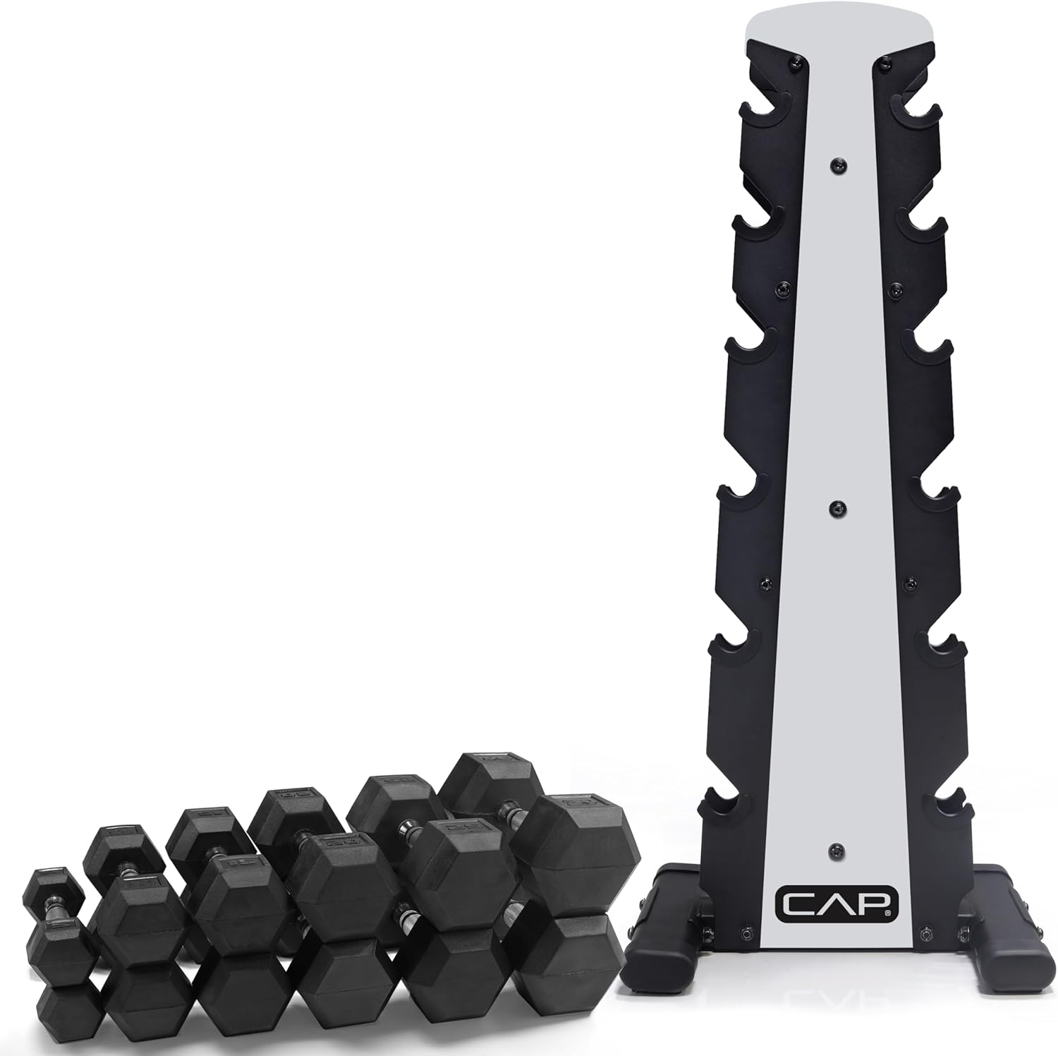 CAP Barbell Rubber Coated Dumbbell Weight Set with Vertical Rack | 100 lb, 150 lb, and 210 lb Options - Image 2