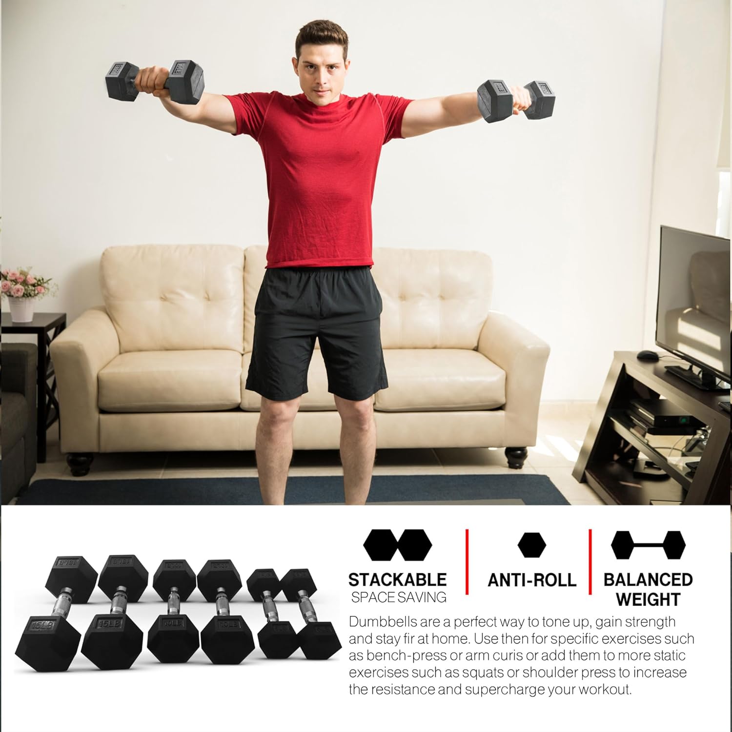 HolaHatha Iron Hexagonal Cast Exercise Dumbbell Free Weight with Contoured Textured Grip for Home Gym Exercise and Strength Training - Image 4