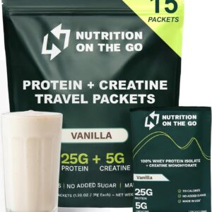 Nutrition On The Go Whey Protein Isolate Packets with Creatine – 25g Protein + 5g Creatine – Single-Serve Travel Protein Powder – Vanilla (15-Pack)