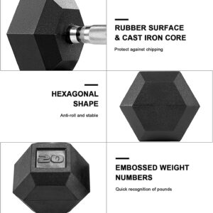 LIFERUN Single Dumbbell Rubber Coated Cast Iron Hex Black Dumbbell Free Weights, 30-85lb