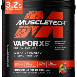 MuscleTech Pre-Workout Powder, Vapor X5 – Sports Nutrition Muscle Building Supplements for Women & Men – Intense Muscle Pump Energy Powder Drink Mix – Miami Spring Break, 272g (30 Servings)