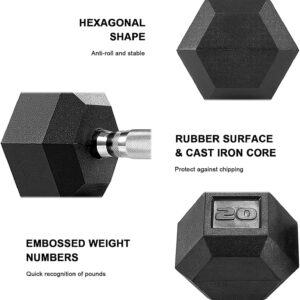 LIFERUN Single Dumbbell Rubber Coated Cast Iron Hex Black Dumbbell Free Weights, 30-85lb