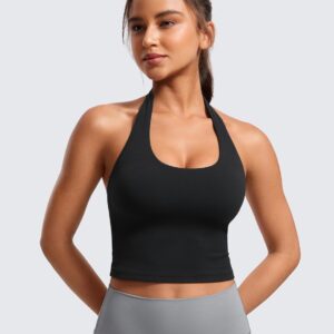 CRZ YOGA Butterluxe Halter Crop Tank Tops for Women – Open Back Padded Longline Sports Bras Workout Gym