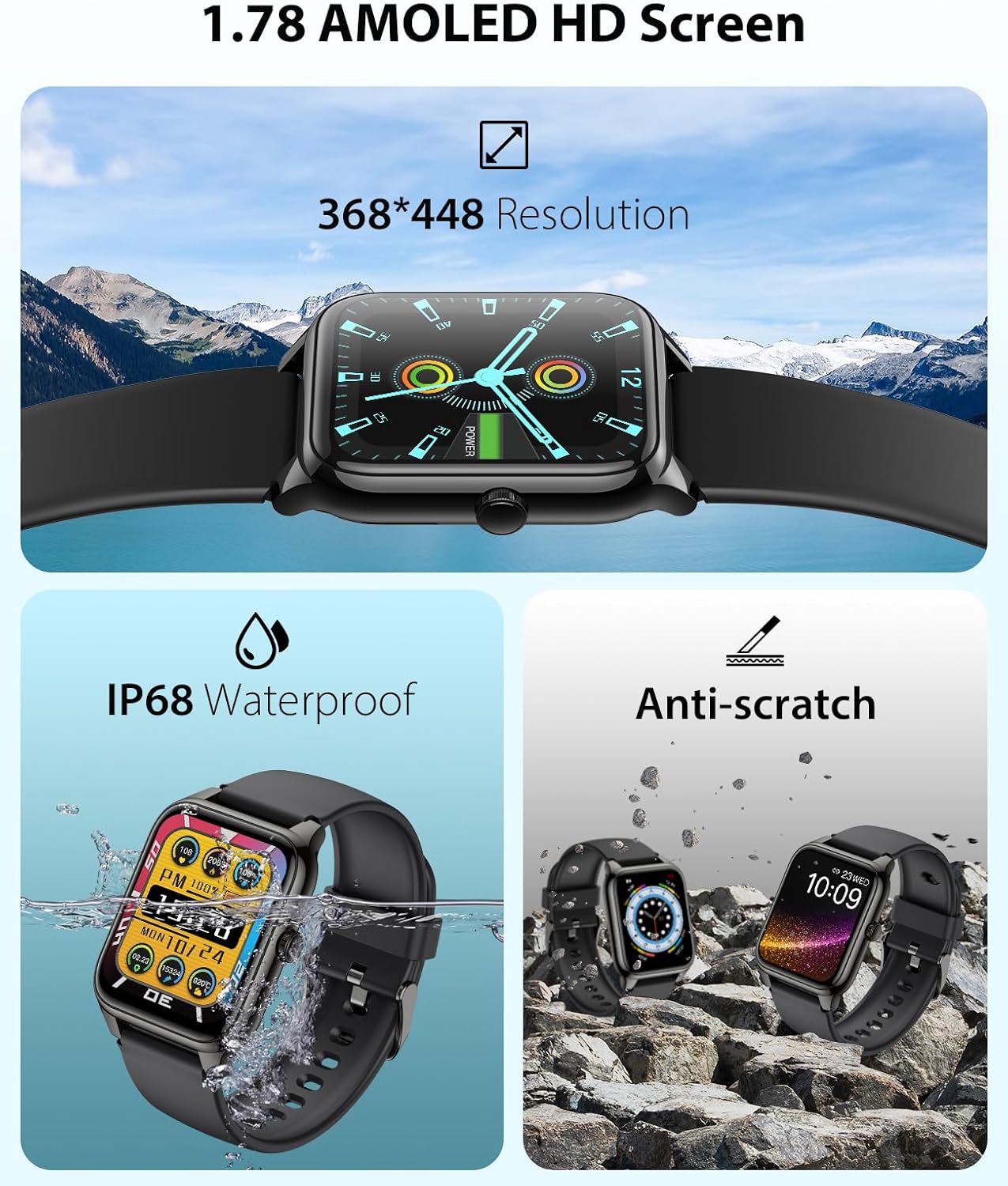 EGQINR Smart Watch, 1.78" AMOLED 368 * 448 HD Screen, 69 Sports Modes Fitness Tracker with Heart Rate, Blood Oxygen, Sleep, IP68 Waterproof Smartwatch with Bluetooth Call for Android iOS - Image 3