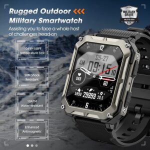 Rgthuhu Military Smart Watches for Men (Answer/Make Call), 100M Waterproof Rugged Smart Watch for Android Phones and iPhone, 1.9″ Outdoor Sports Fitness Tracker with Heart Rate, Sleep Monitor, Black